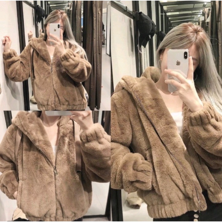 Áo khoác lông mượt mà 2 lớp ấm áp màu BE NÂu mũ trùm đầu-áo lông cừu nữ from rộng unisexkieeru dáng Hàn Quốc