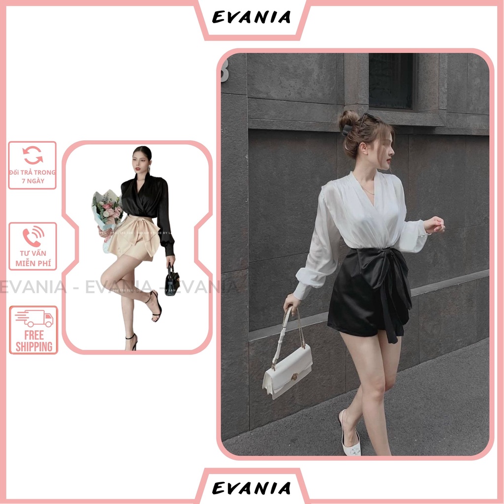 Set Áo Sơ Mi Chân Váy EVANIA Nữ Hai Màu Be, Đen Áo Vải Lụa Mềm Cổ V Phối Chân Váy Đính Nơ Sang Chảnh - Mã B851