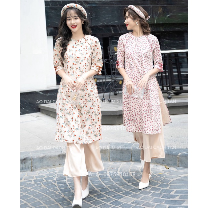 Áo dài nàng thơ MIXI, áo dài dáng suông tay lỡ họa tiết hoa nhí lụa Hàng Châu cao cấp mềm mát chụp hình cực đẹp