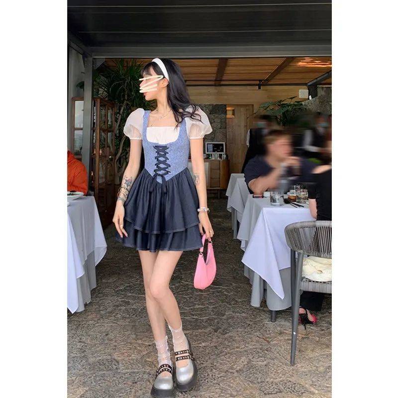 Váy babydoll đâm babydoll đâm du tiec Đầm Ngắn Cổ Vuông Tay Phồng Giả Hai Lớp Thời Trang Mùa Hè Cho Nữ