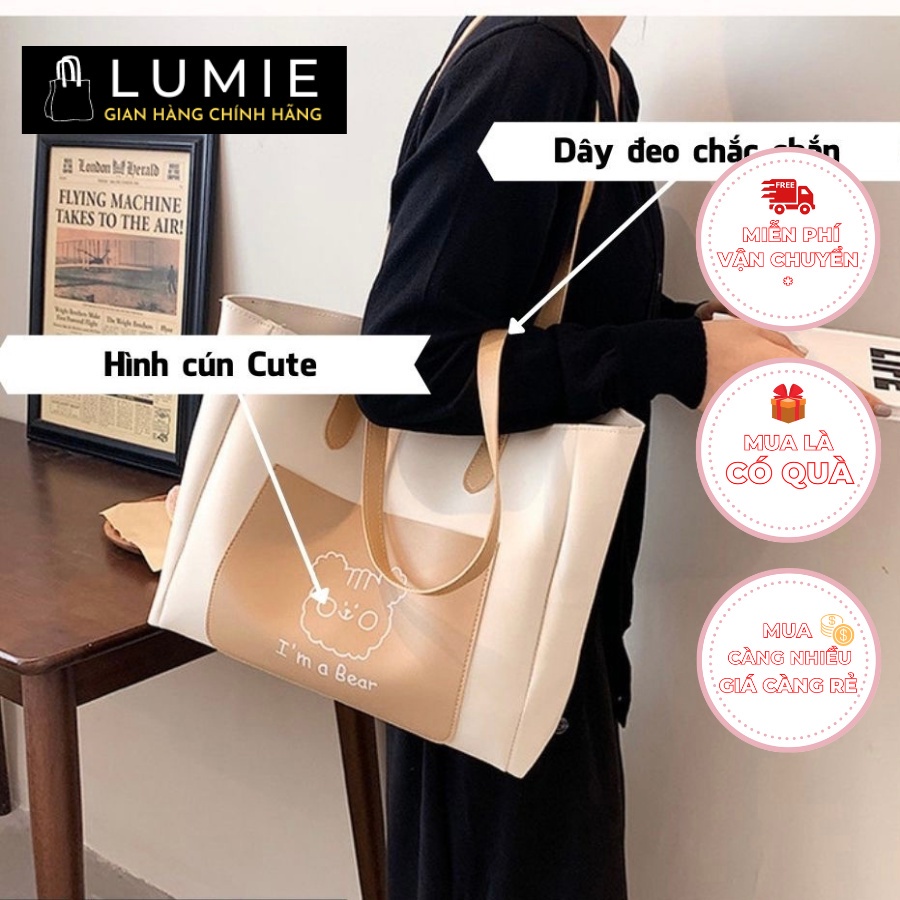 Túi Tote 2 mặt hình gấu, túi công sở đeo chéo, đeo vai, đi chơi, đi học, da cao cấp Lumie size 26cm LB149
