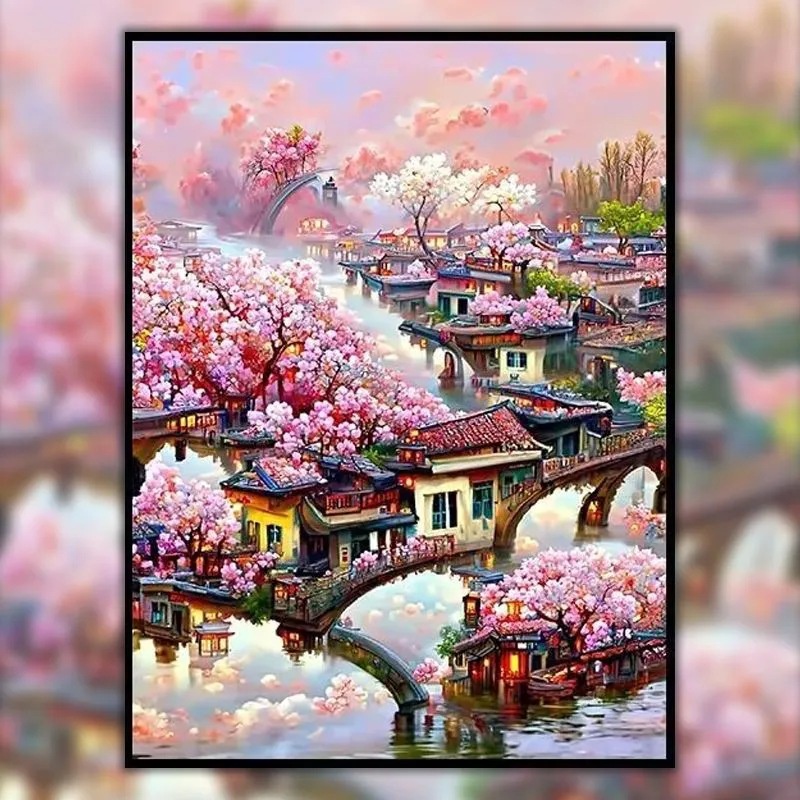 (VẢI KIM TUYẾN 9CT) Tranh thêu chữ thập phong cảnh mùa xuân J8003