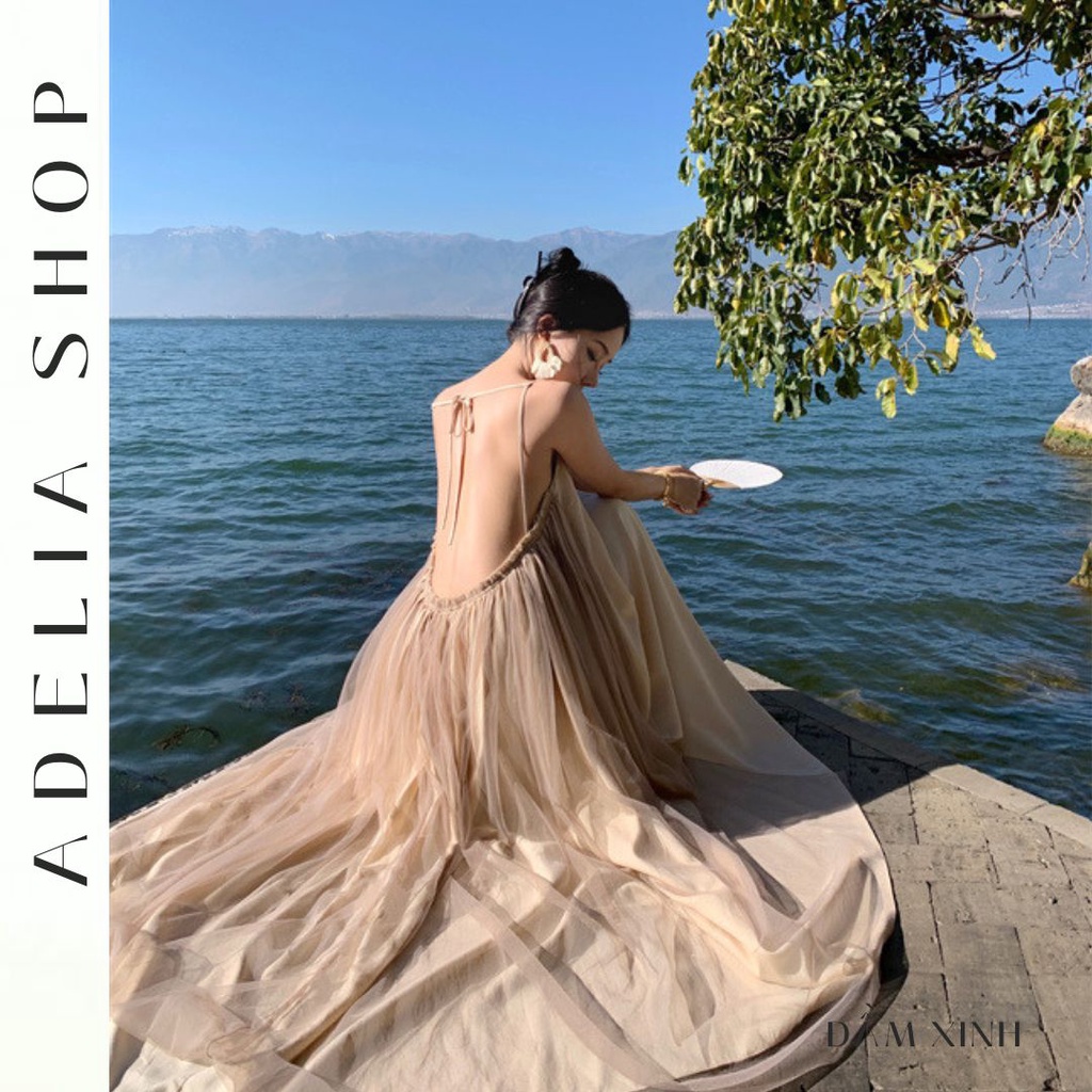 「ADELIA」Đầm 2 Dây Khoét Lưng Dáng Dài Xòe Chất Voan 2 Lớp Quyến Rũ, Đầm Đi Biển Hở Lưng Sang Chảnh Hàng Quảng Châu