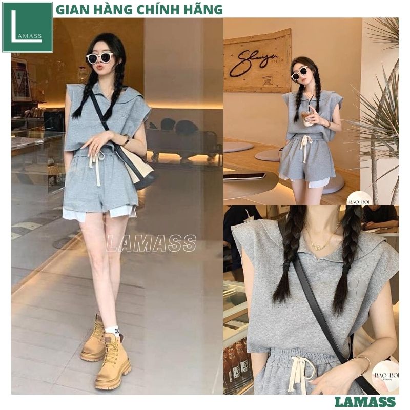 Set áo croptop tay cánh dơi quần sooc phối vạt màu ghi, Bộ 2 món áo thun cổ sen siêu xinh đi chơi dạo phố nhẹ mát - LAMA