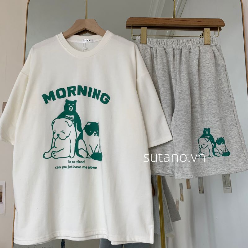 Bộ Thun Cộc Tay MORNING Nữ,Set đồ mặc hè form rộng hình gấu quần short xám in hình cute B150 SUTANO