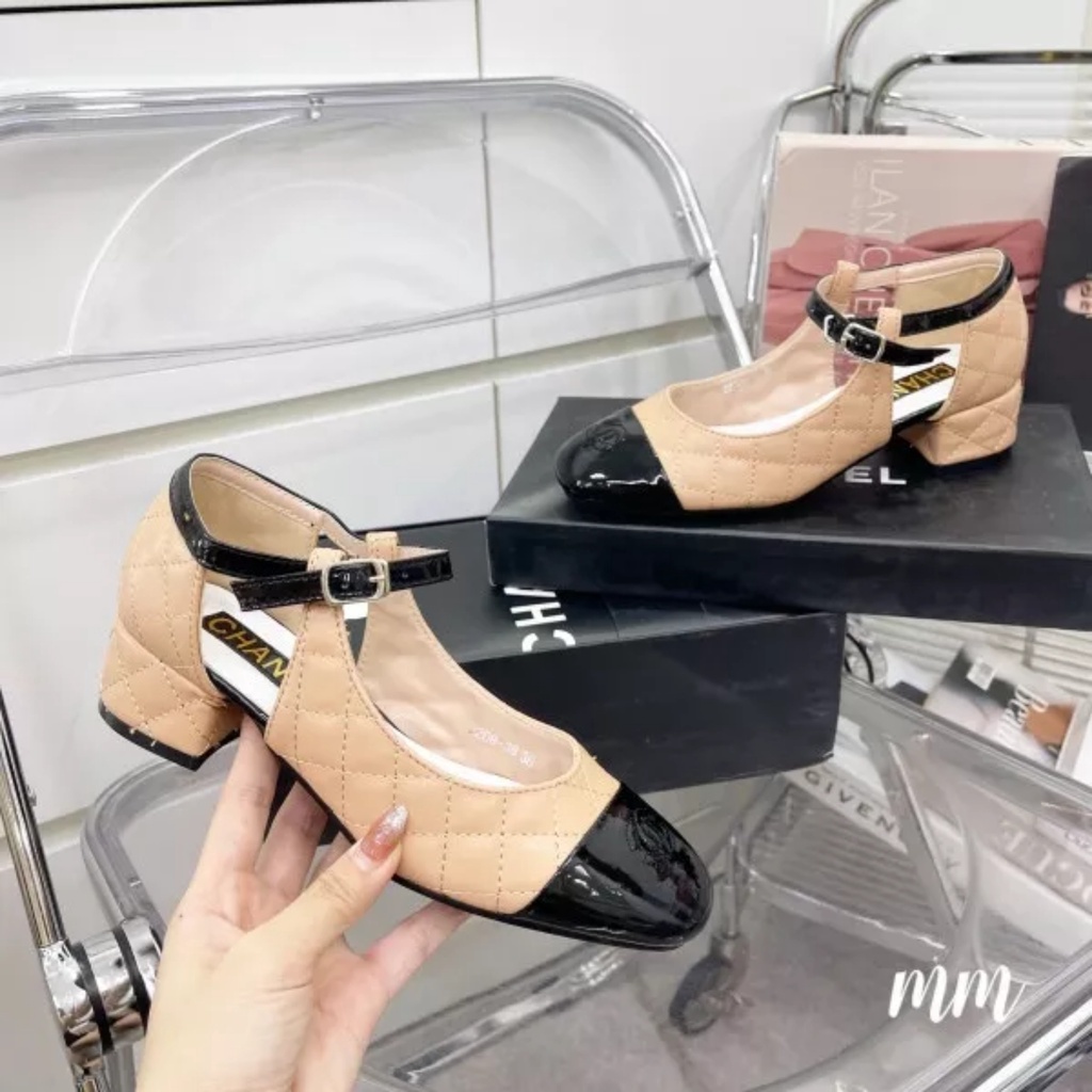 Giày nữ đế thấp hở eo kiểu mới trần chỉ mũi vá bóng CC Nguyên hộp hãng cao cấp