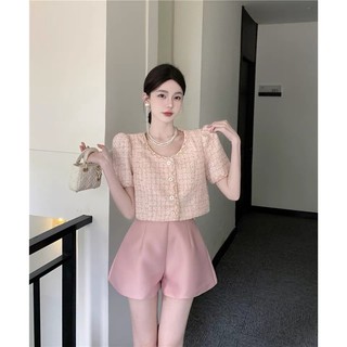 Ao so mi tweed co tron tay coc dang croptop