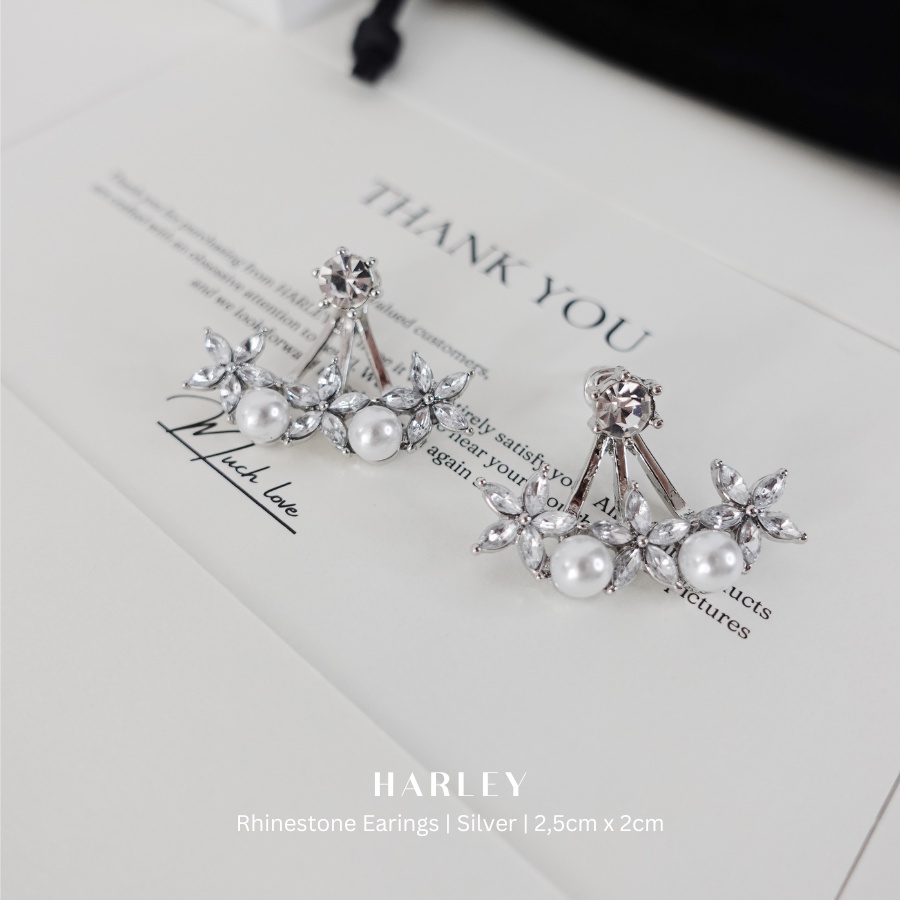 Bông tai đi tiệc ✨đính đá và hạt hình cánh quạt✨ màu bạc phong cách Hàn Quốc sang trọng thanh lịch, Harley Jewelry