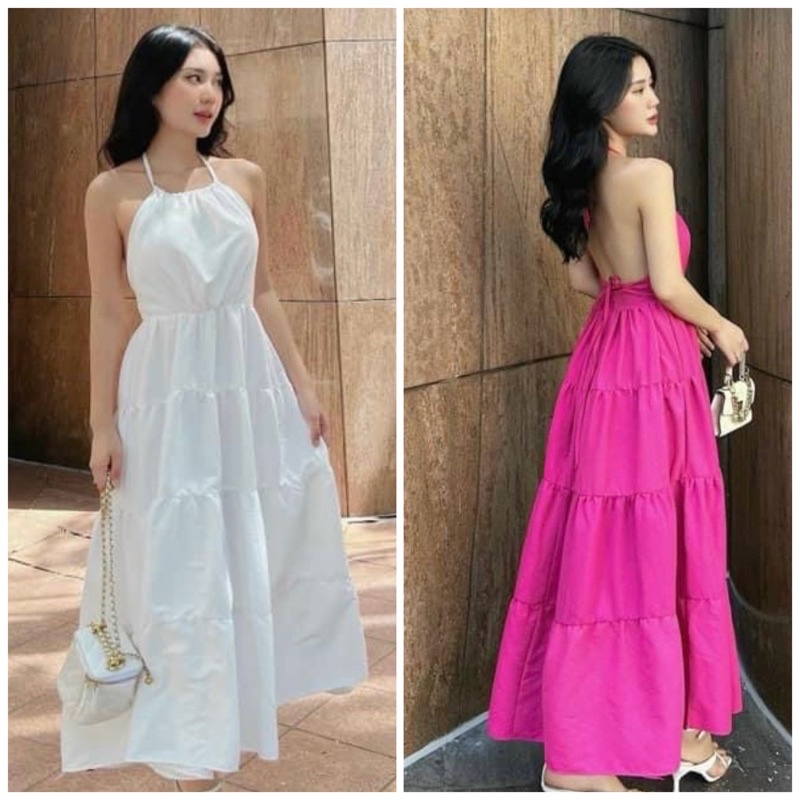 Đầm váy freesize maxi đi biển cổ yếm hở lưng 2 màu