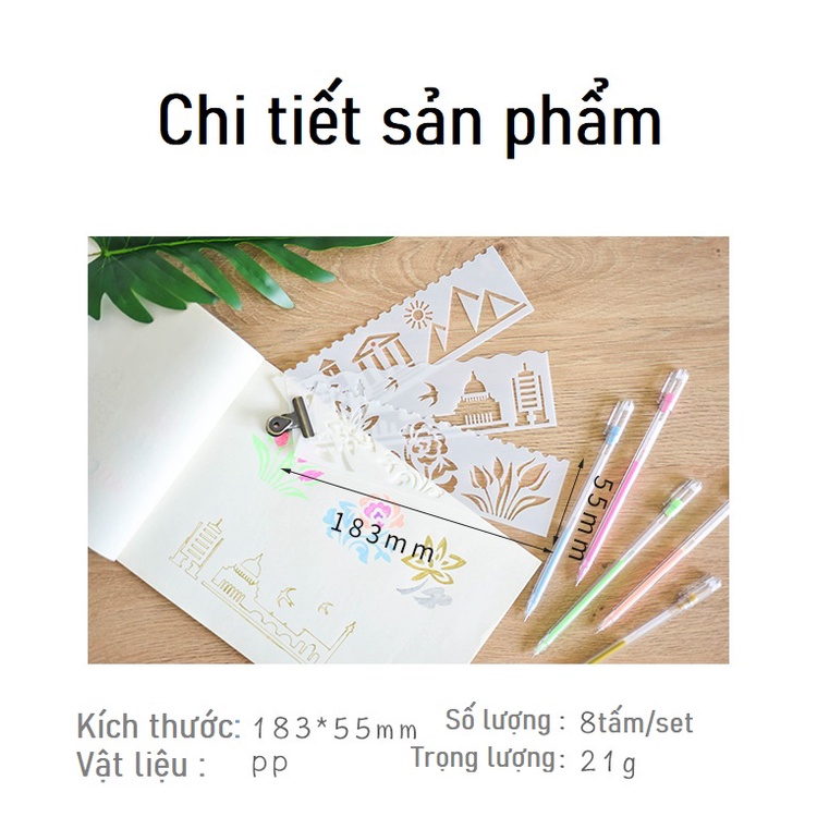 Set 8 Thước Vẽ Hình Trang Trí , khuôn rỗng tập vẽ, thước rỗng vẽ trang trang trí