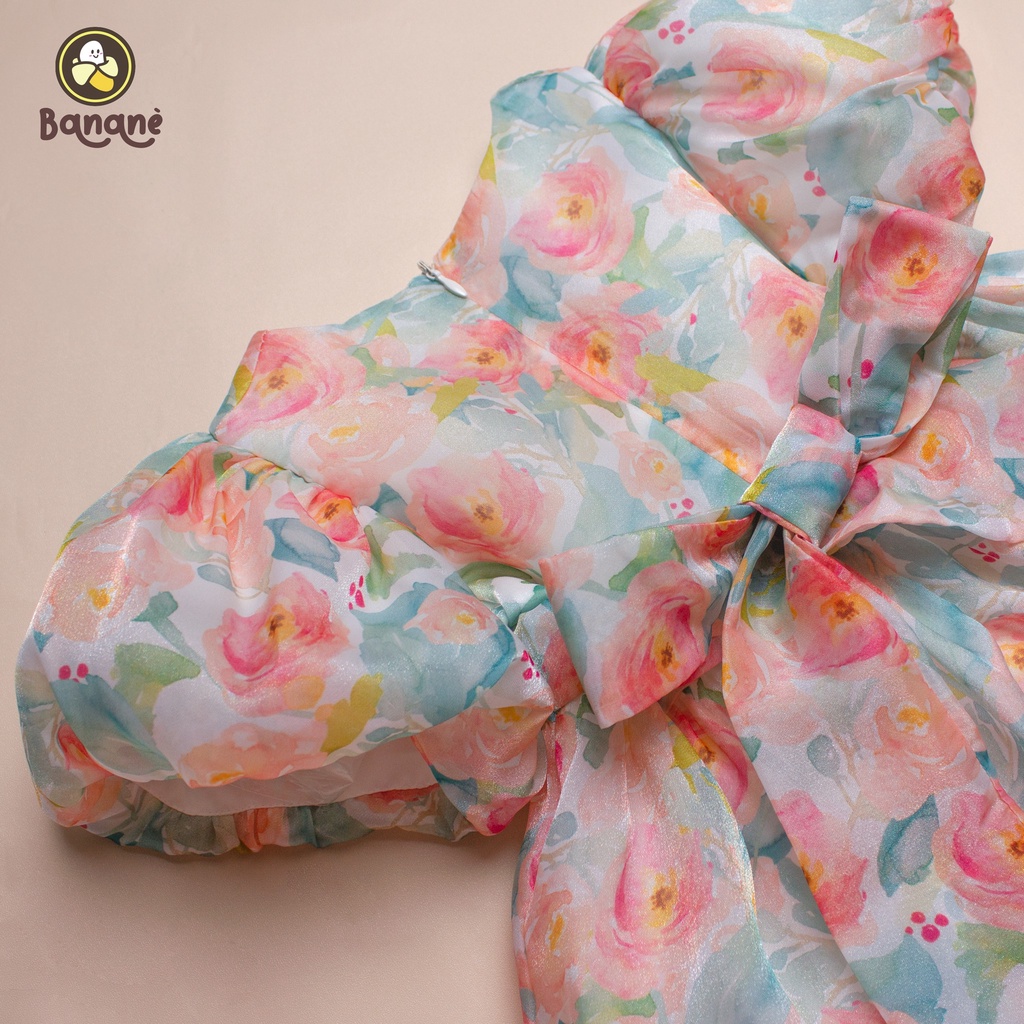 Váy bé gái voan ánh kim tay phồng 2 lớp Bananè Kids đầm công chúa thắt nơ lưng - D06H