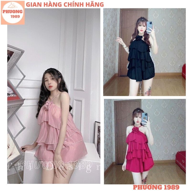 Set Bộ Áo Voan Cổ Yếm Đính Hoa Bèo Tầng Phối Chân Váy Thời Trang Cực Xinh, Áo Voan Kèm Chân Váy Bèo Tầng Điệu Đà - 1989