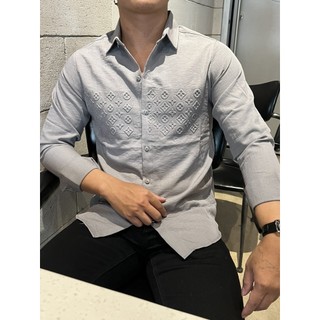 Áo sơ mi họa tiết in dập nổi chất vải đũi mát hình shop chụp thật