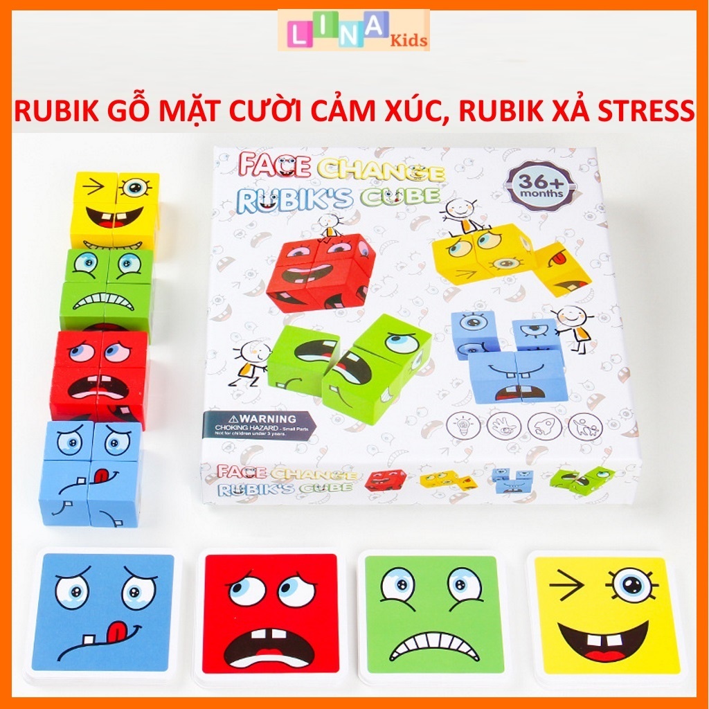 Bộ đồ chơi xếp hình khối gỗ Face Change Rubik’s Cube, Rubik Gỗ Mặt Cười Cảm Xúc, Khối Lập Phương Xả Stress - LINA Kids