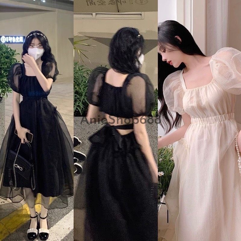 Đầm voan tơ cổ vuông nơ lưng ,váy công chúa cổ vuông tay bồng dáng dà ,maxi tay bồng bèo tầng ulzzang hàn quốc ANIESHOP