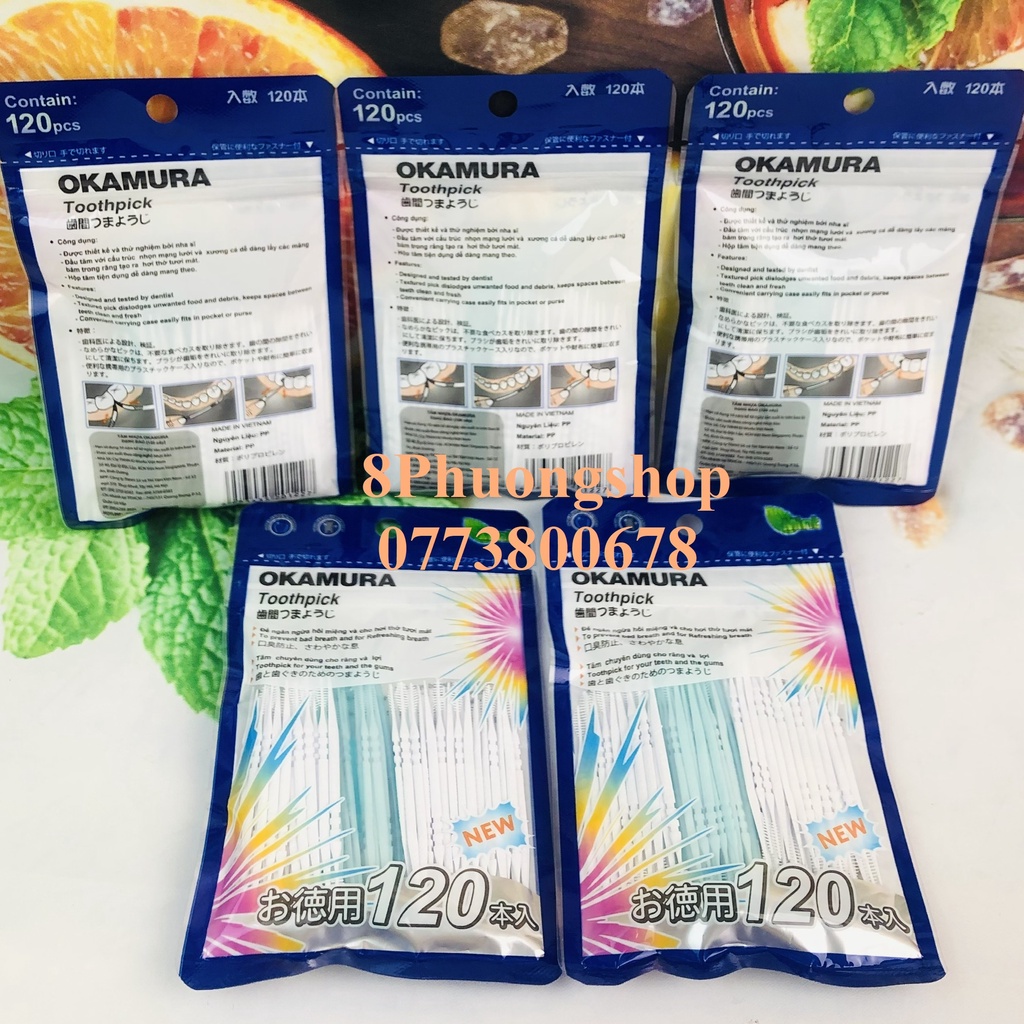 TĂM NHỰA Nhật Bản nha khoa 120 cây /gói OKAMURA làm sạch răng miệng