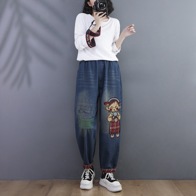 Quần jean bigsize dáng suông rộng cạp chun gập gấu trẻ trung