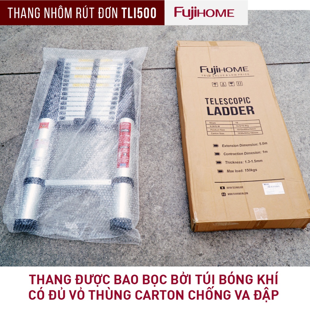 Thang nhôm rút gọn đơn nhập khẩu FUJIHOME TLI500 cao 5m - Hợp kim nhôm cao cấp - Bảo hành điện tử 24 tháng