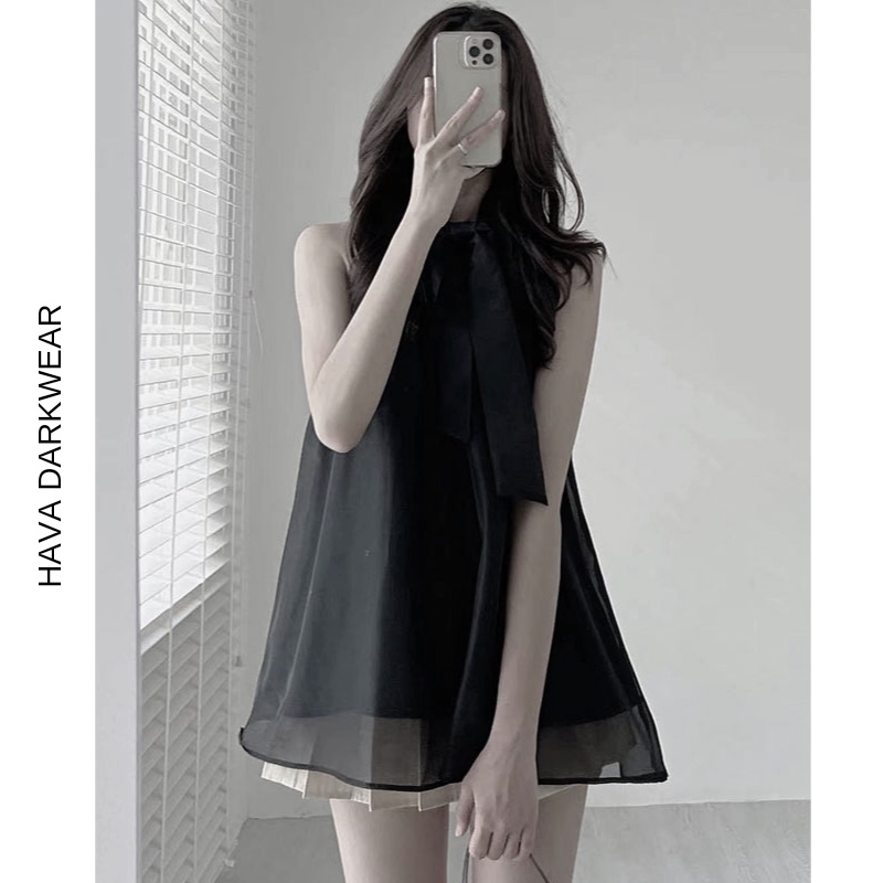 Áo cổ yếm HAVADW màu đen sát nách kèm dây thắt eo A04