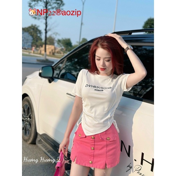 Áo Thun In Chữ Croptop Vạt Nhọn Rút Eo Tay Ngắn