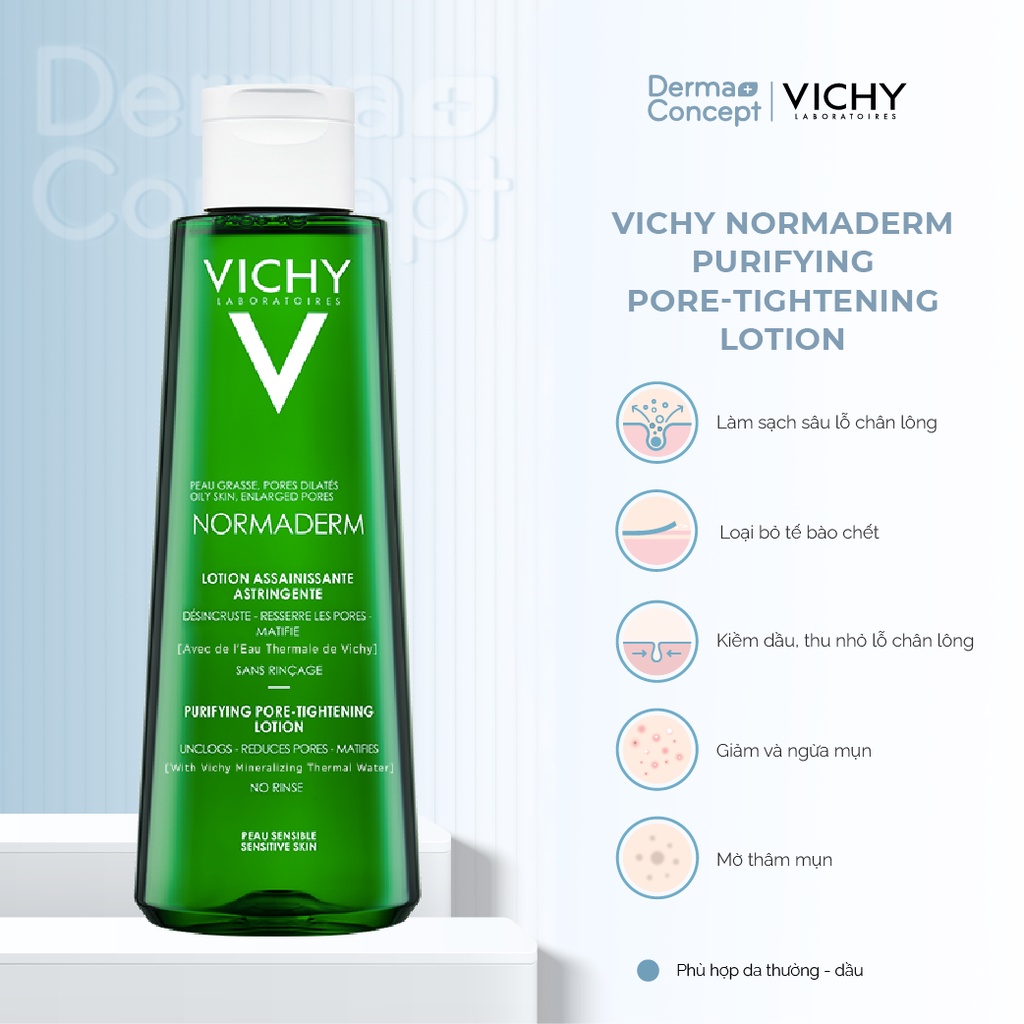 Toner Vichy Normaderm Purifying Pore-Tightening Lotion giảm bóng dầu, se khít lỗ chân lông cho da dầu mụn 200ml