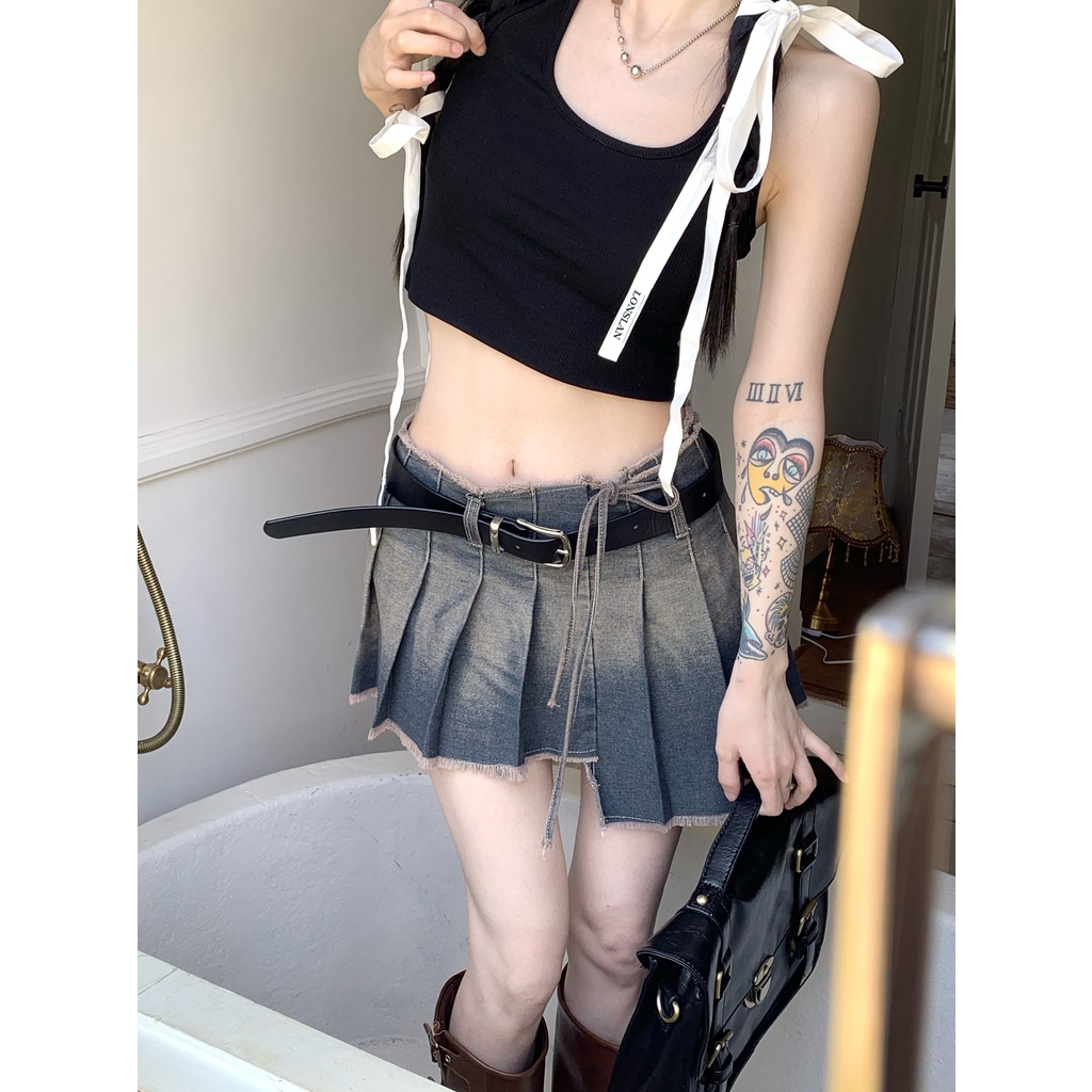 Cocory vn Chân váy jean Lưng Cao Phong Cách Retro Thời Trang Cho Nữ
