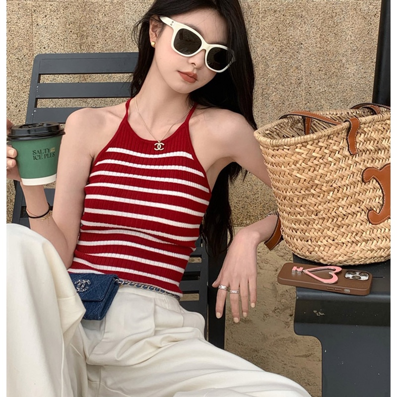 Áo Hai Dây Dệt Kim Dáng Ngắn Hở Lưng Gợi Cảm Cho Nữ