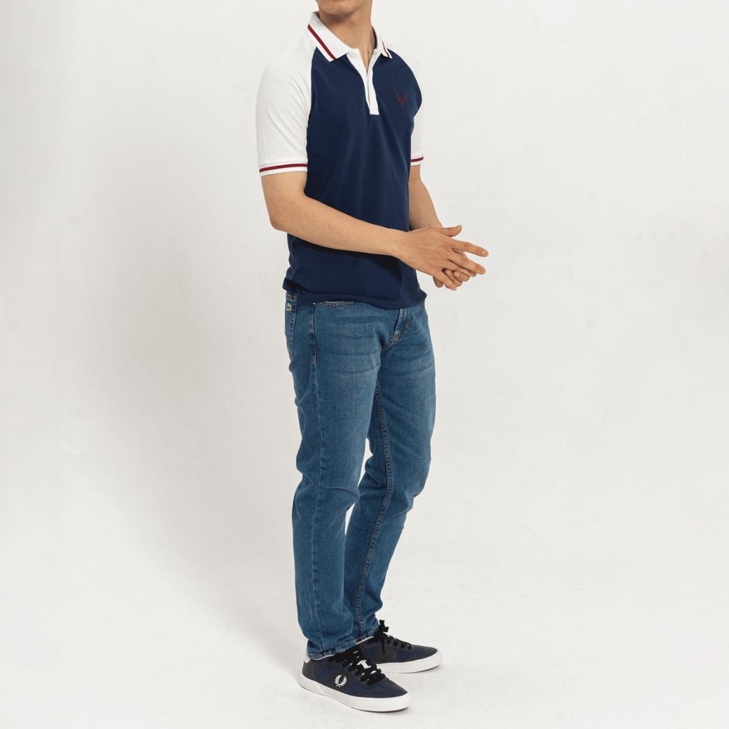 Áo Polo nam Massi 09 màu xanh navy phối cổ trắng vạch đỏ, chất liệu vải co giãn | BigBuy360 - bigbuy360.vn