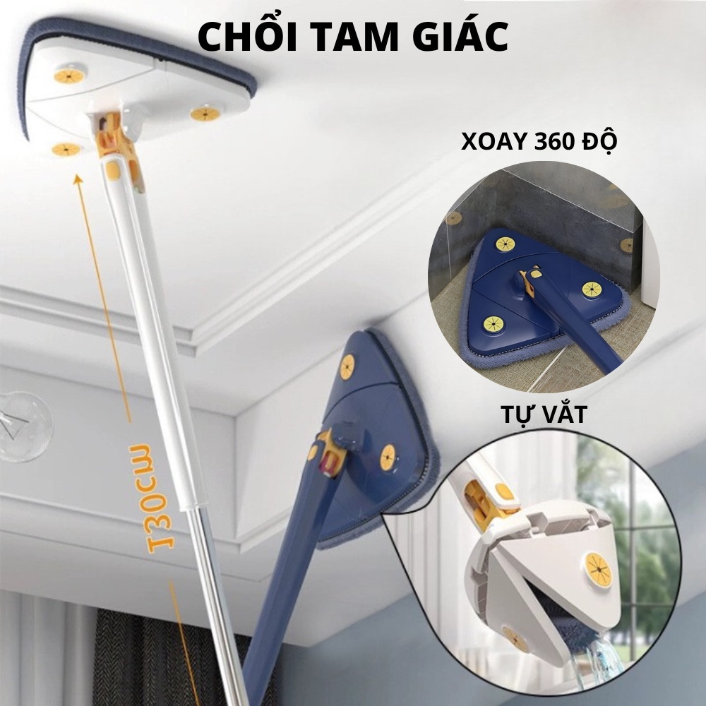 Chổi lau nhà tự vắt thông minh hình tam giác xoay 360 độ, Cây lau nhà thông minh xoay 360 độ thao tác quét dễ dàng