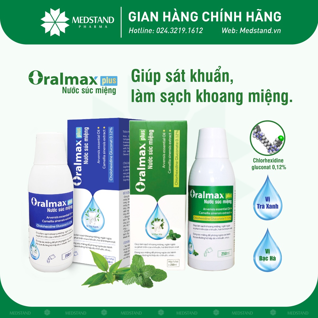 Nước súc miệng làm sạch mảng bám, chắc răng, ngừa hôi miệng, hơi thở thơm mát MEDSTAND Oralmax Plus (Chai 250ml)