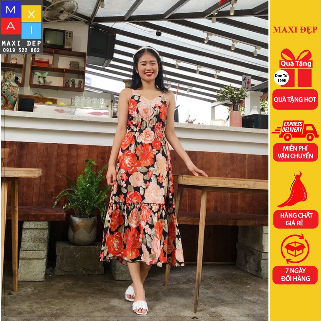 Váy 2 Dây Cổ Tim Cao Cấp Hoa Hồng Đỏ Nhấn Eo Dáng Xòe Maxi Đẹp Có Size Đến 75Kg