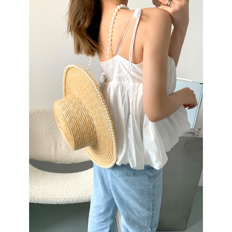 Nón Cói Rộng Vành Phối Chuỗi Hạt Phong Cách Pháp Thời Trang Đi Biển Mới Cho Nữ