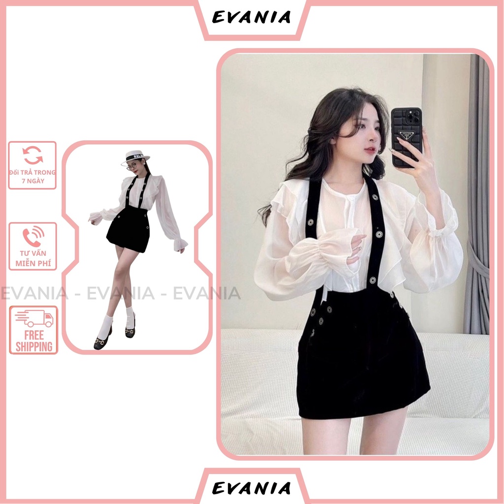 Set Áo Chân Váy EVANIA Set Áo Sơ Mi Chân Váy, Áo Sơ Mi Tay Bồng Vải Tơ Mix Quần Chân Váy Tuyết Mưa Đen - B240