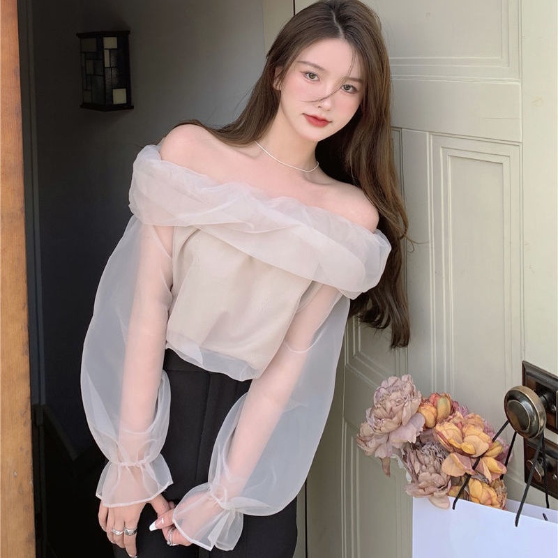 Áo Sơ Mi Tay Dài Trễ Vai Phong Cách Pháp Thời Trang Thiết Kế Mới Cho Nữ