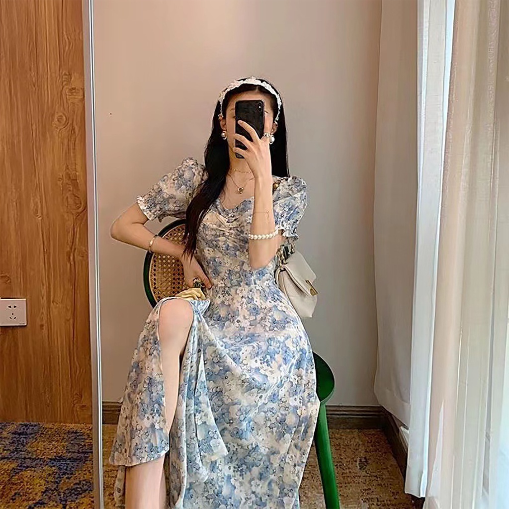 Frontline Đầm Ôm Họa Tiết Hoa Nữ Tay Ngắn Dài Thiết Kế Xẻ Bên Cho Mùa Hè