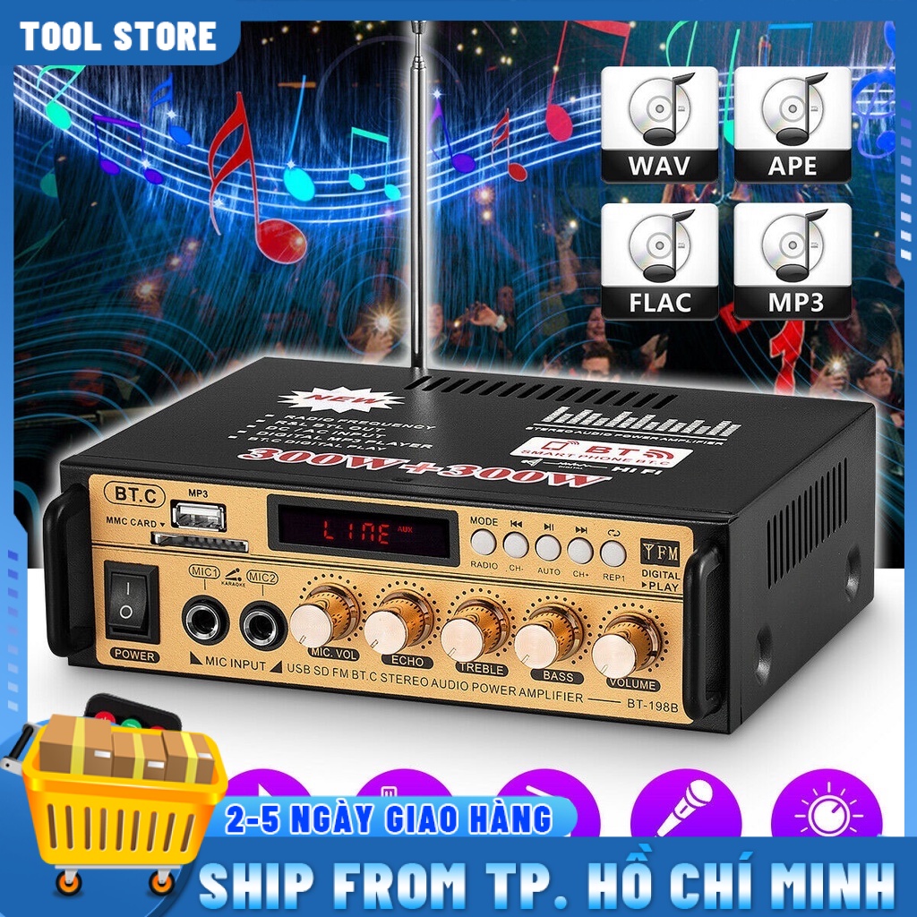 Amply karaoke BT198B-B - Âm ly mini bluetooth - Ghi Âm BT198B-B Cao Cấp, Amply mini xe hơi đa chức năng