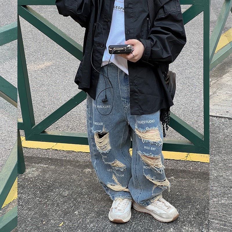 Quần bò jeans phối rách Hàn Quốc phong cách đường phố mới nhất 2023 cho bé trai (10-43kg) SHOP YOIMEE KIDS