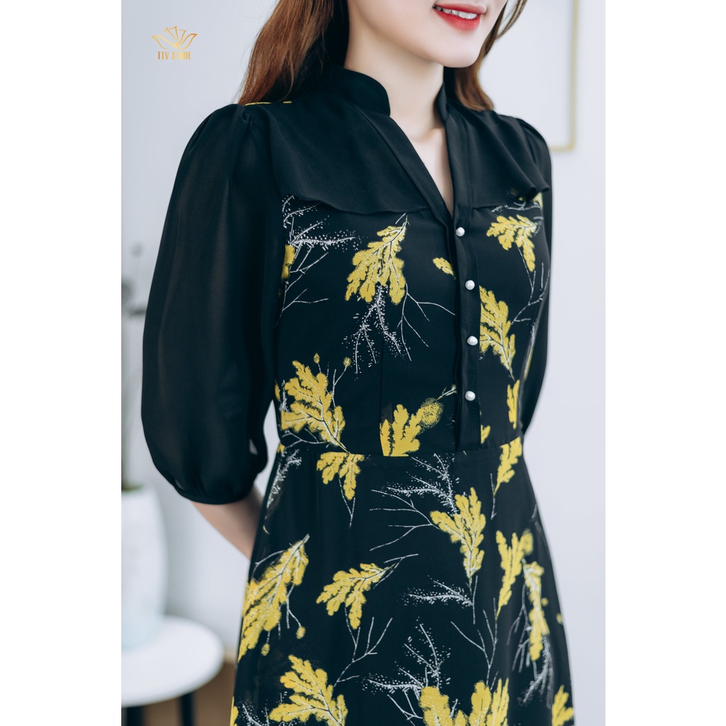Đầm form A thiết kế TTV1303 thời trang Cổ trụ kết ngọc tay lỡ màu Đen lá vàng trẻ trung