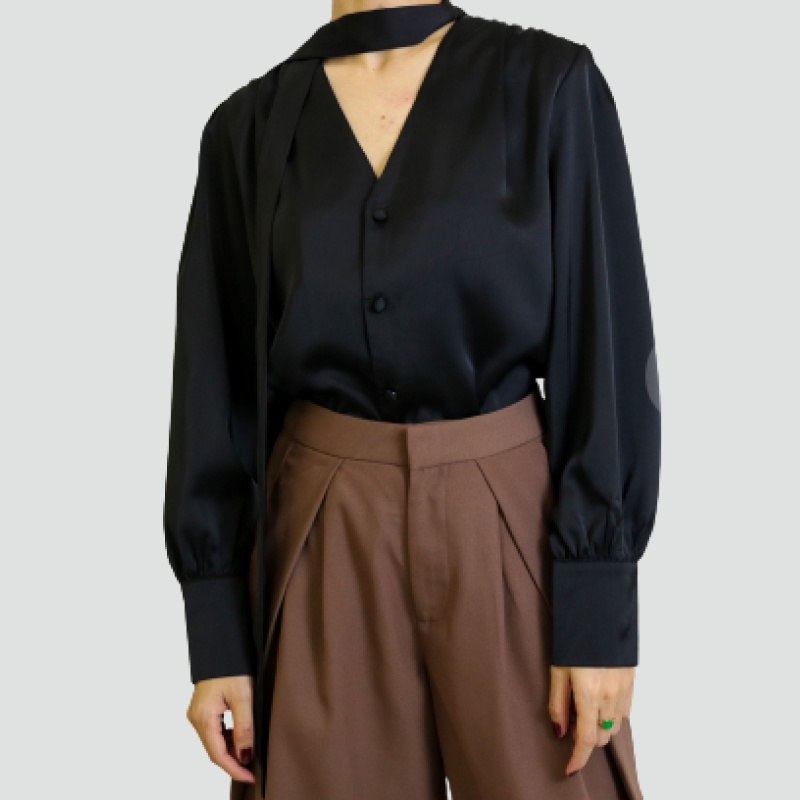 COSOUNI - Áo Sơ Mi Lụa Kiểu Nữ Màu Đen