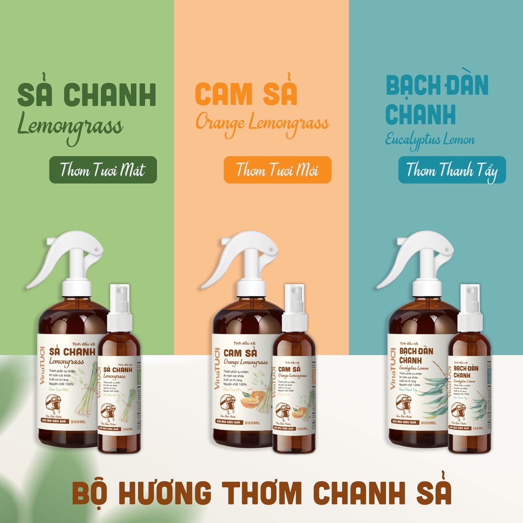 Chai Xịt Thơm Khử Mùi Vệ Sinh Mũ Nón Bảo Hiểm VINA TƯƠI 100ml/500ml Tinh Dầu Sả Chanh, Bạc Hà, Oải Hương, Cam Sả, Vỏ Quế
