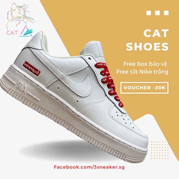 Giày Nike Air Force 1 Supreme White, AF1 Trắng Supreme; Full Box, Phụ Kiện, Tặng Vớ Trắng