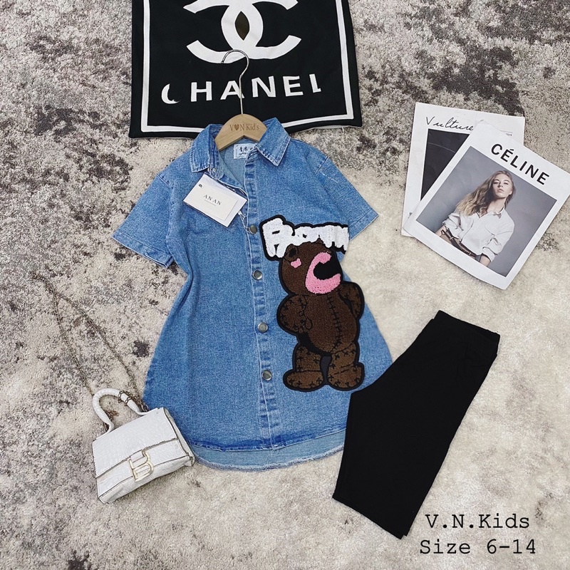 Áo sơmi Jean gấu ? quần legging đui cho Bé size đại 20kg - 45kg