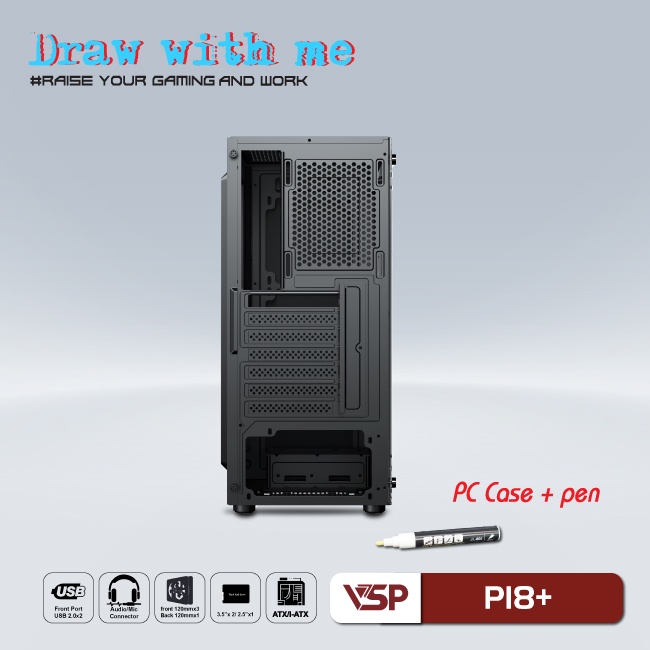 Vỏ máy tính Case VSP P18+ [ĐEN] kèm bút dạ quang kính cường lực (Không FAN - ATX, Micro-ATX, ITX) - Chính hãng