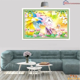 Tranh thêu chữ thập đồng hồ cá phát tài phát lộc 75cm x 50cm