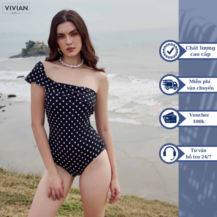 Đồ bơi nữ cao cấp 𝐕𝐈𝐕𝐈𝐀𝐍 dạng một mảnh lệch vai bọc viền bản lớn - màu chấm bi - VS079_DOT