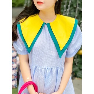 Đầm caro xốp cổ bèo tay phồng