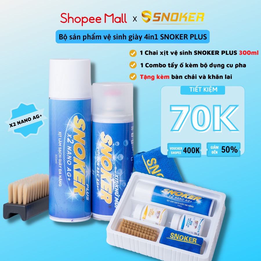 Bộ sản phẩm vệ sinh và khử mùi giày dép cao cấp SNOKER PLUS 4in1, gấp đôi nano bạc, tối ưu khả năng làm sạch lên đến 90%