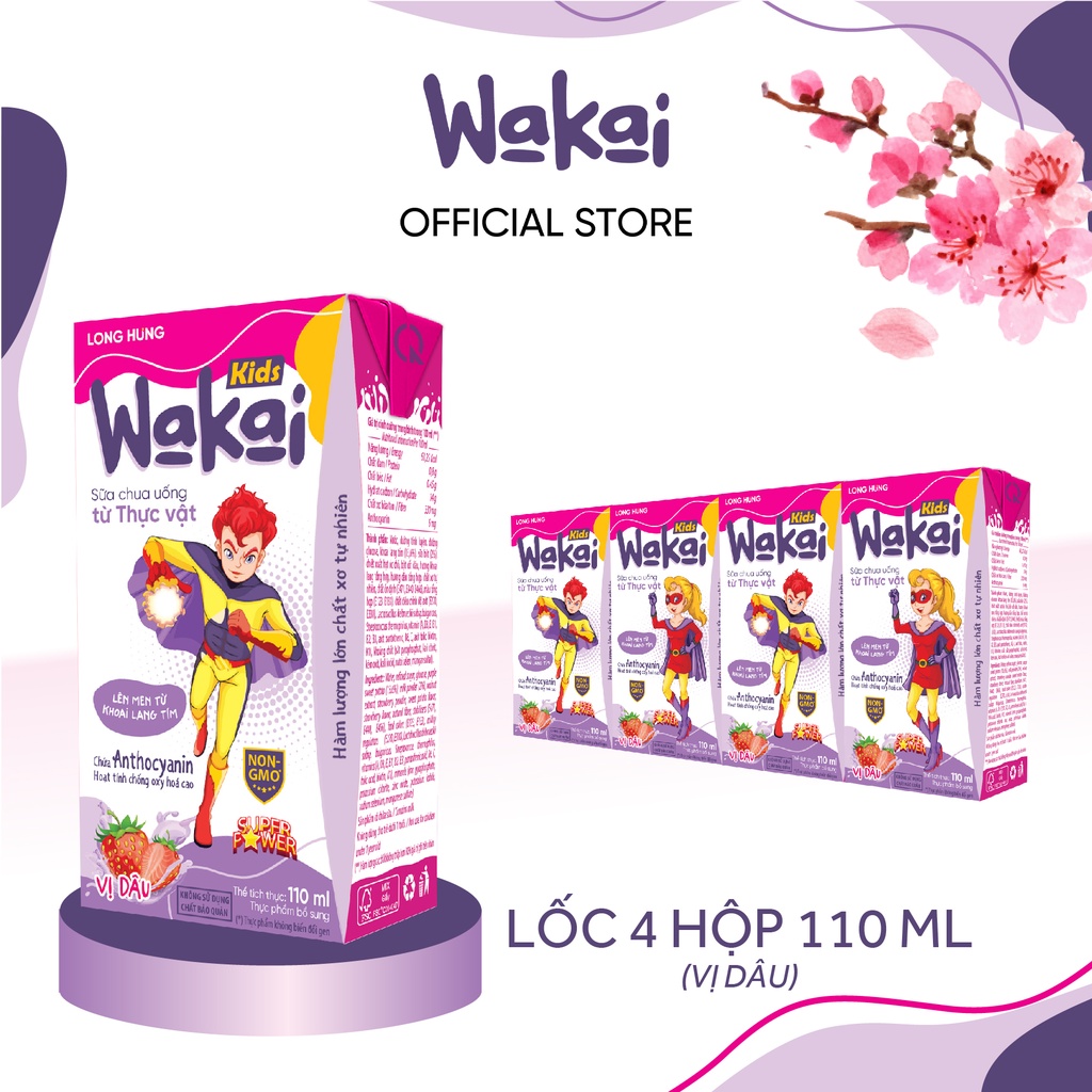 Lốc 4 Hộp Sữa Chua Uống Thực Vật Wakai Kids (110ml x 4 hộp)