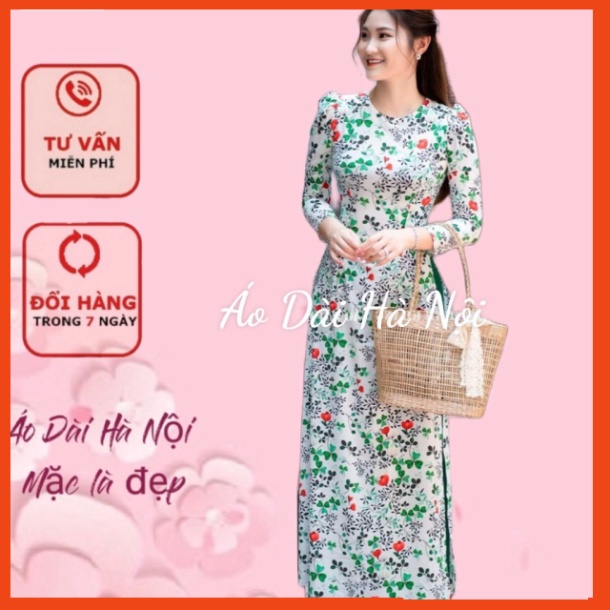 [Ảnh thật} Áo dài hoa nhí cổ tròn tay bồng xinh xỉu - Áo Dài Hà Nội