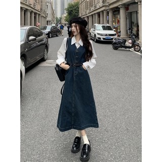 Set/Bộ Đầm/Váy yếm jeans cổ chữ V thanh lịch nhẹ nhàng